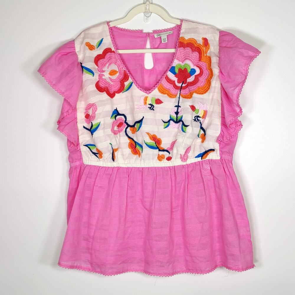 Embroidered Peplum Blouse Flutter Sleeve Pink Cotton 18/20 Dopamine Summer 2X